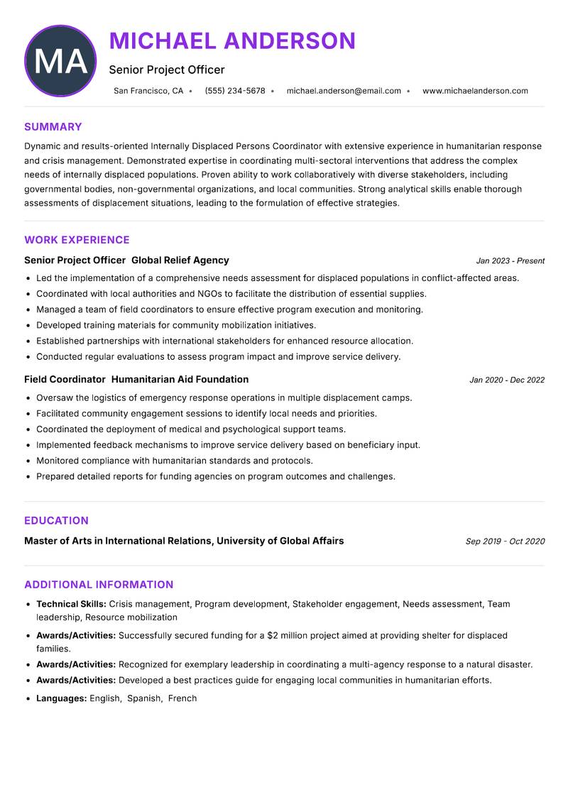 Internally Displaced Persons Coordinator Resume Preview Example