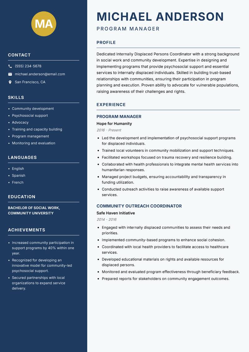 Internally Displaced Persons Coordinator Resume Preview Example