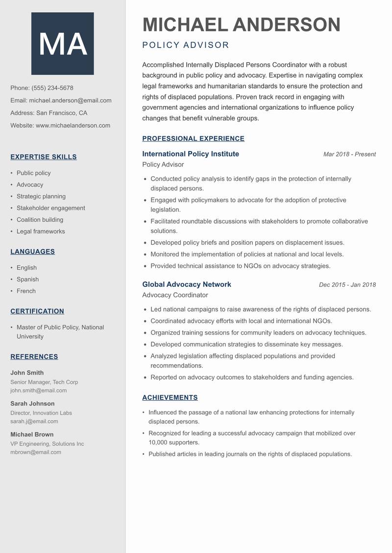 Internally Displaced Persons Coordinator Resume Preview Example