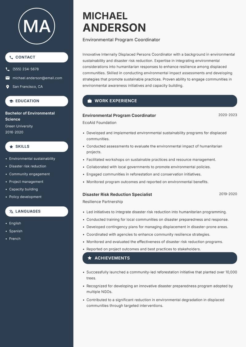 Internally Displaced Persons Coordinator Resume Preview Example