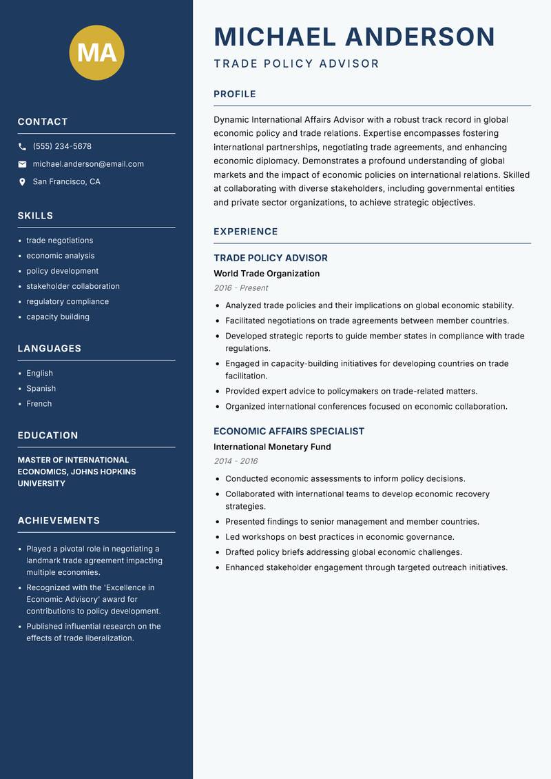 International Affairs Advisor Resume Preview Example