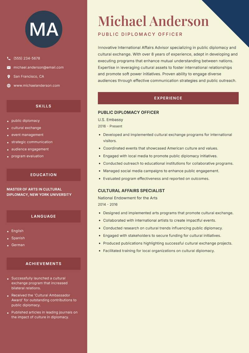 International Affairs Advisor Resume Preview Example