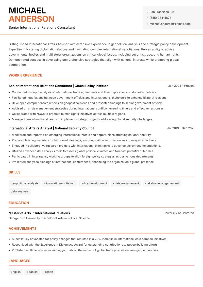 International Affairs Advisor Resume Template