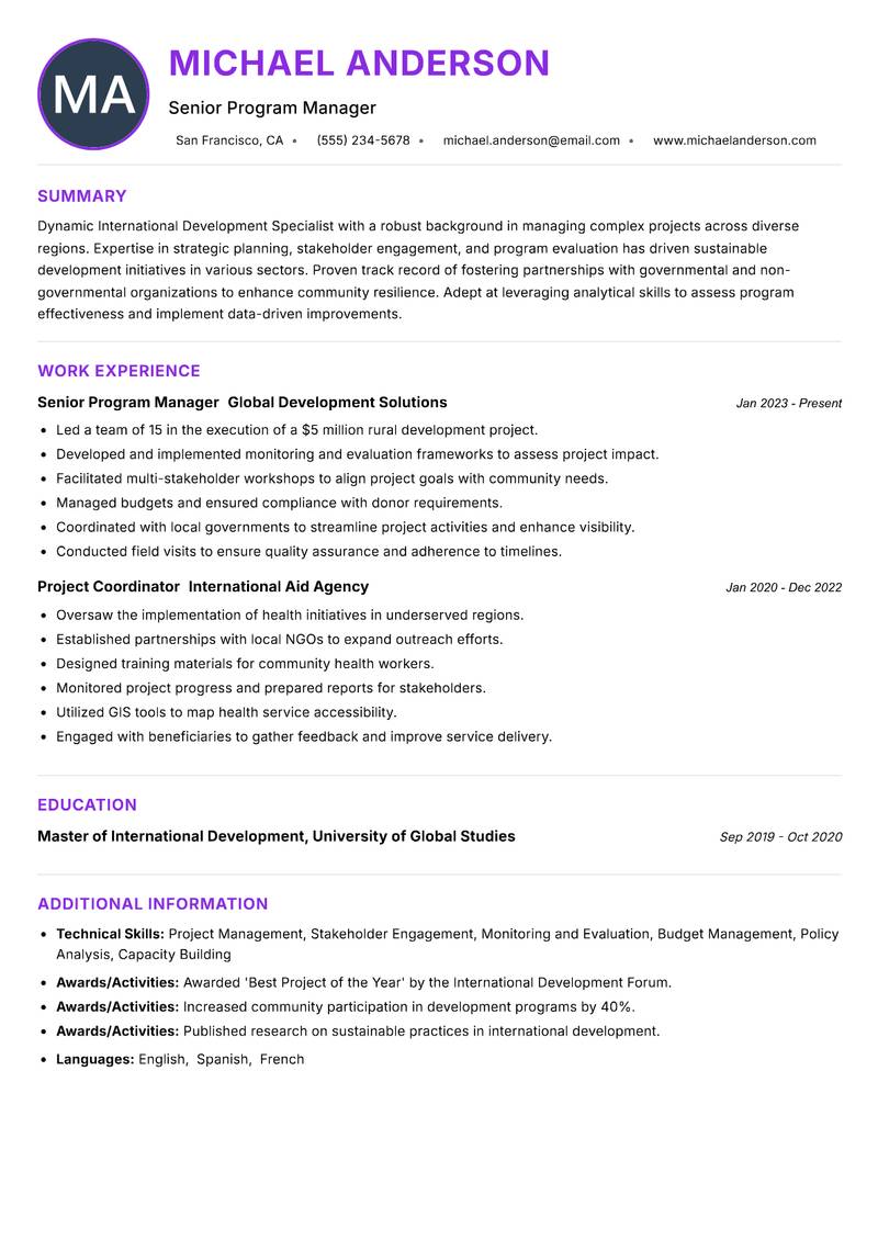 International Development Specialist Resume Preview Example
