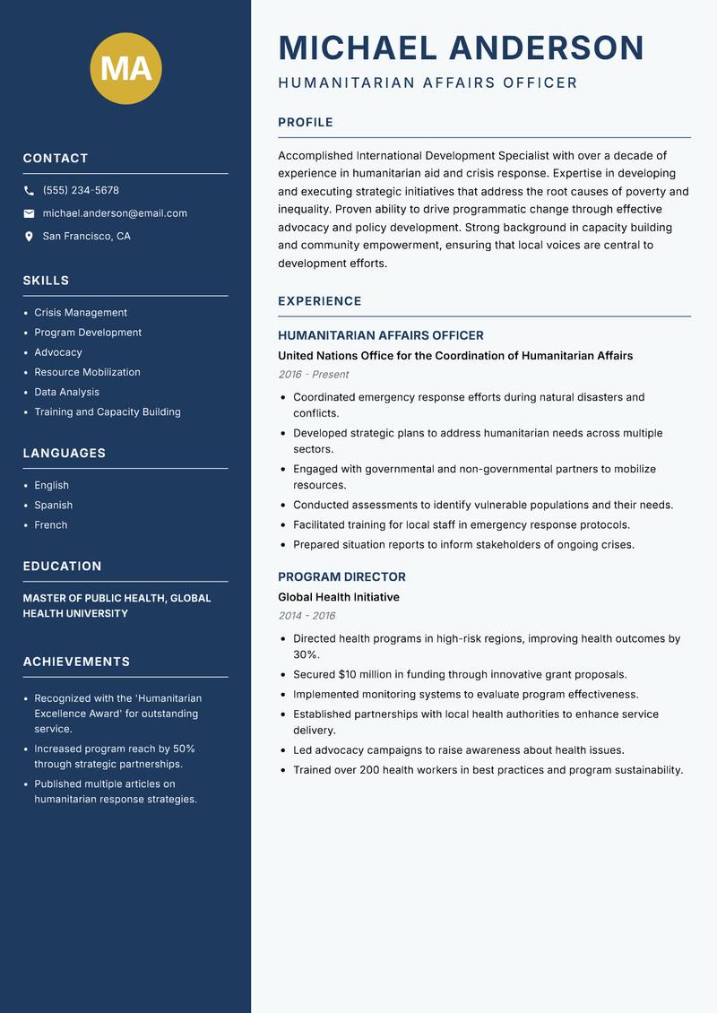 International Development Specialist Resume Preview Example