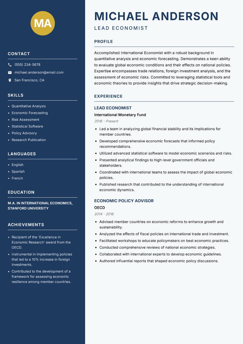 International Economist Resume Preview Example