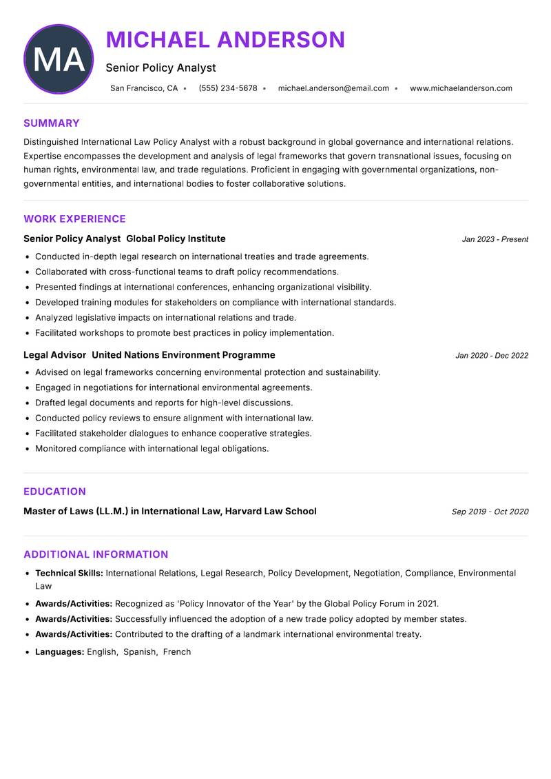 International Law Policy Analyst Resume Preview Example