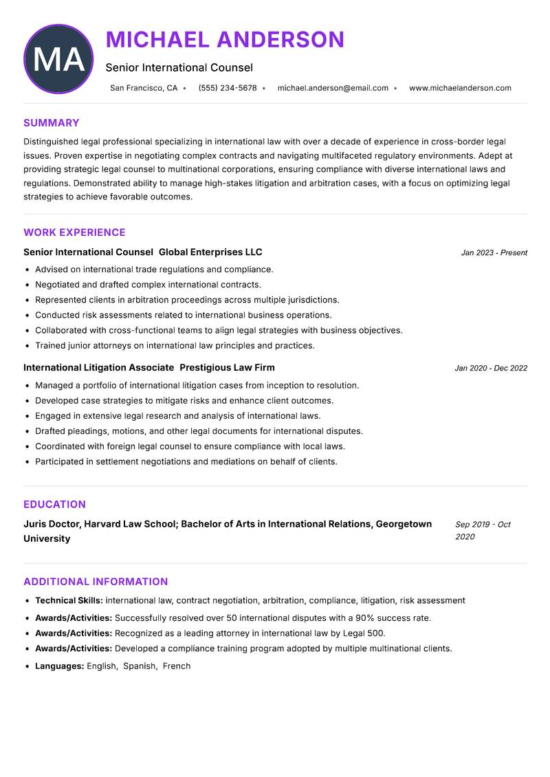 International Lawyer Resume Preview Example