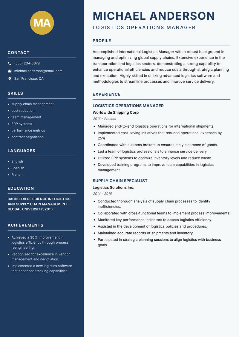 International Logistics Manager Resume Preview Example