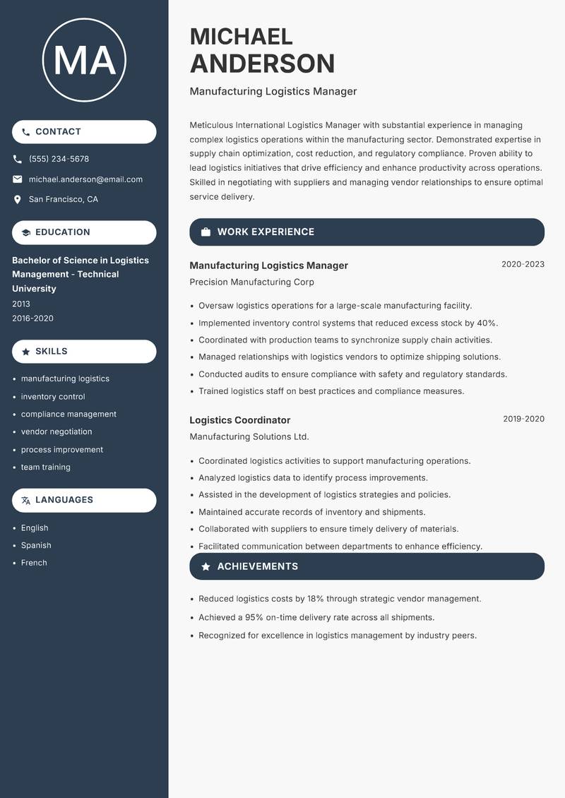 International Logistics Manager Resume Preview Example