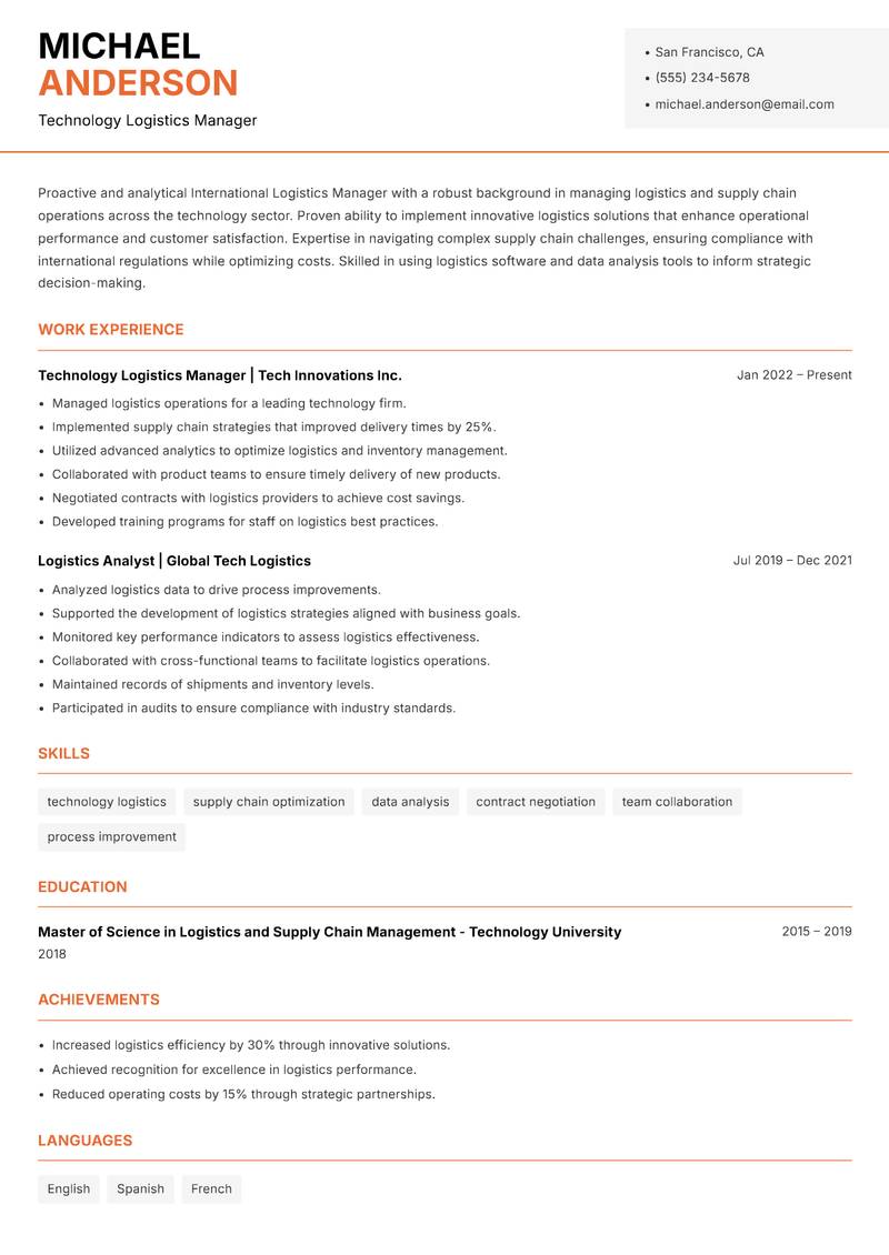 International Logistics Manager Resume Template