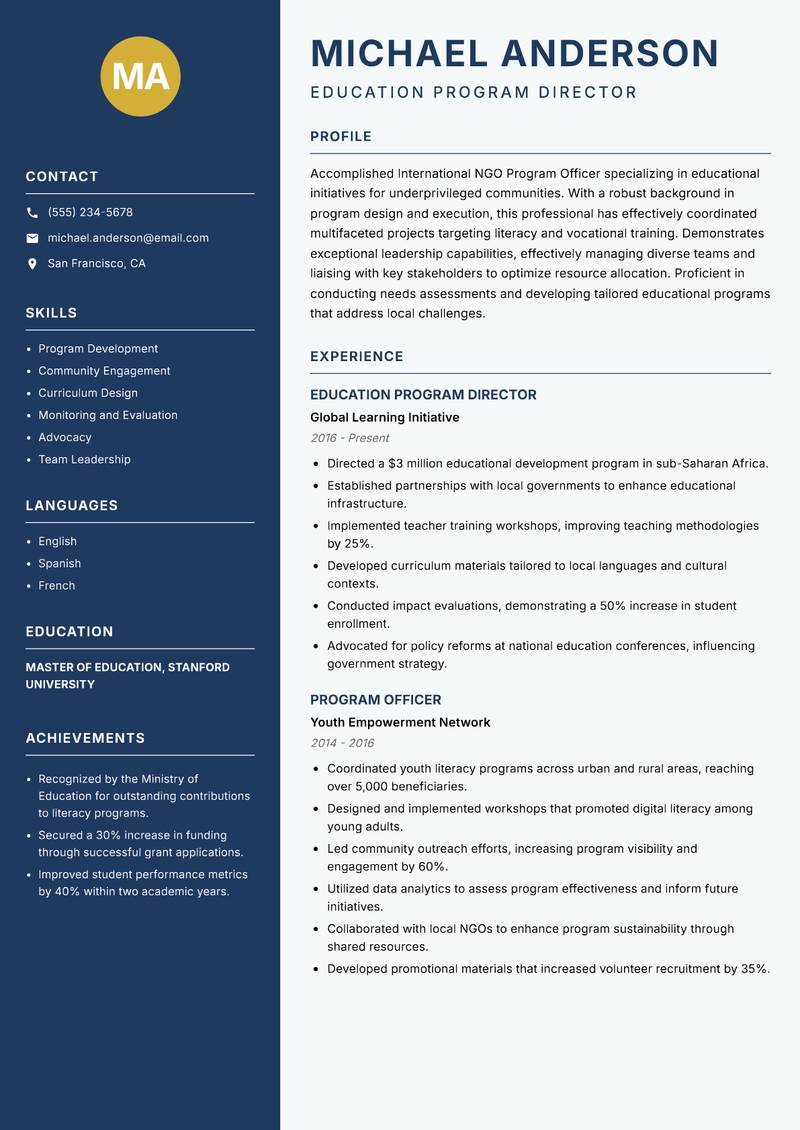 International NGO Program Officer Resume Preview Example