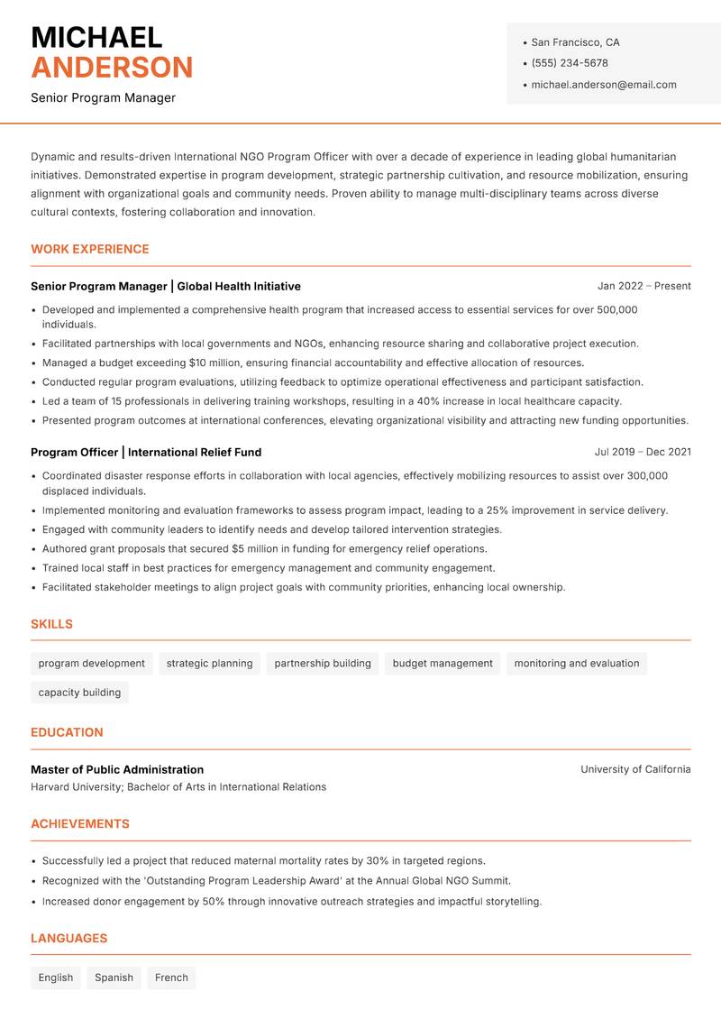International NGO Program Officer Resume Template