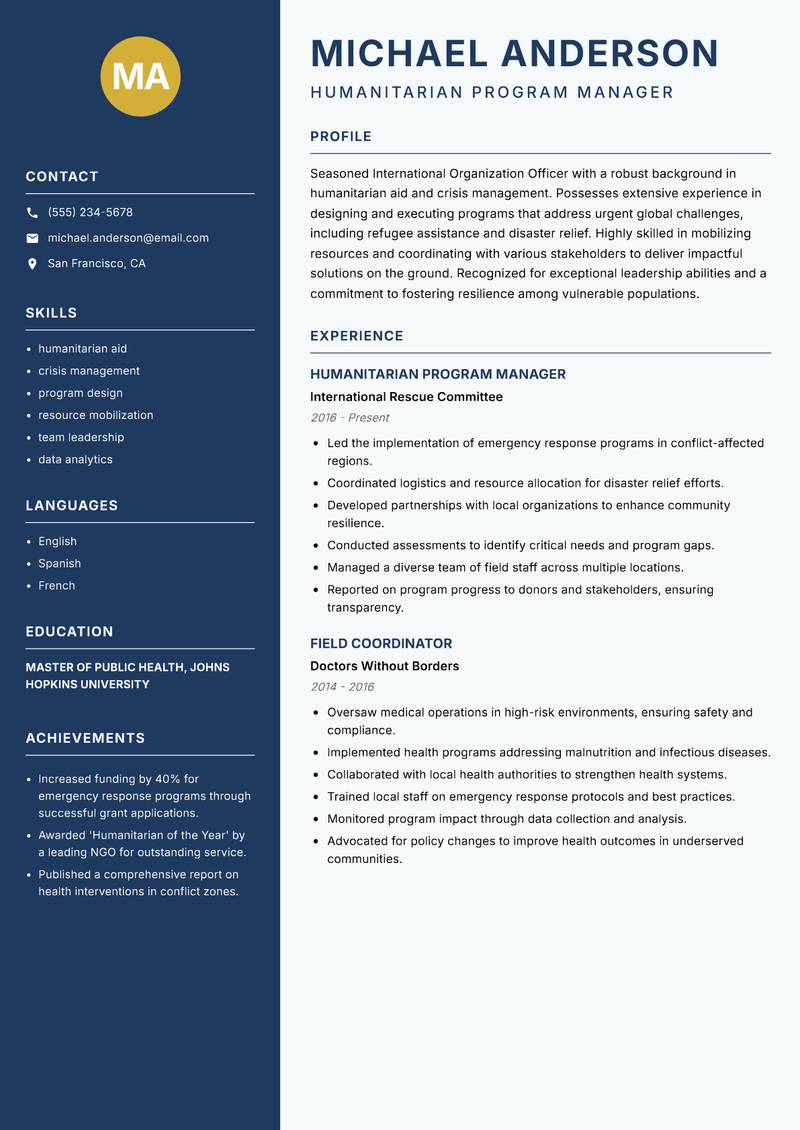 International Organization Officer Resume Preview Example