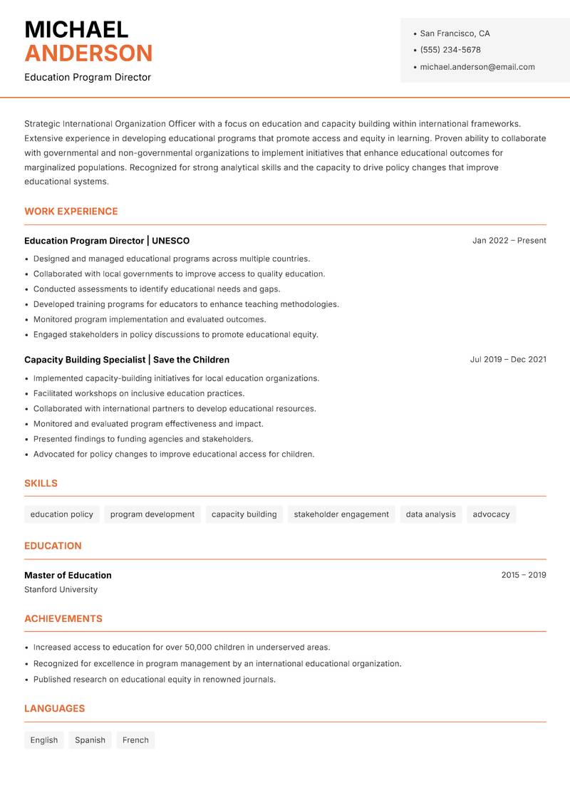 International Organization Officer Resume Template