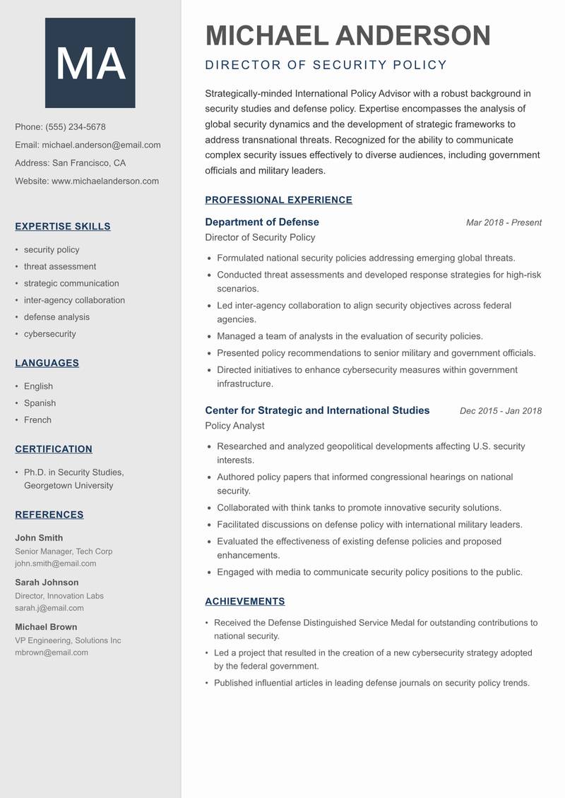 International Policy Advisor Resume Preview Example