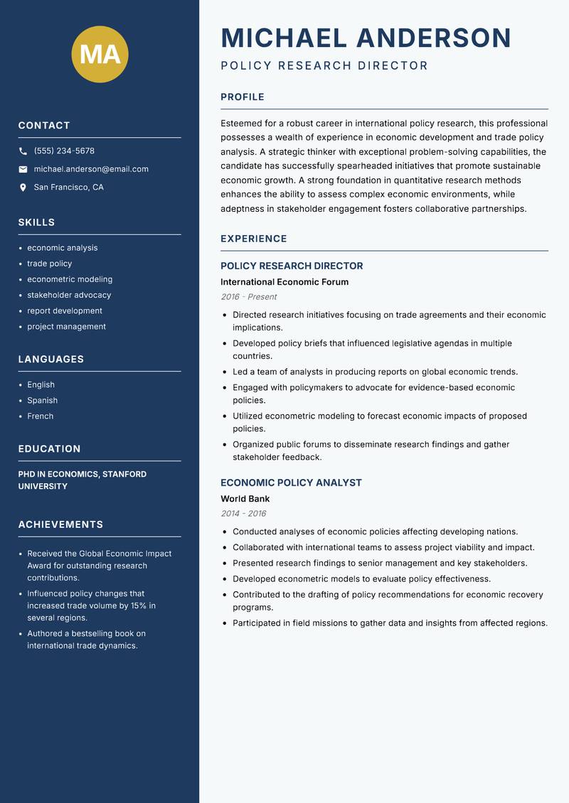 International Policy Researcher Resume Preview Example