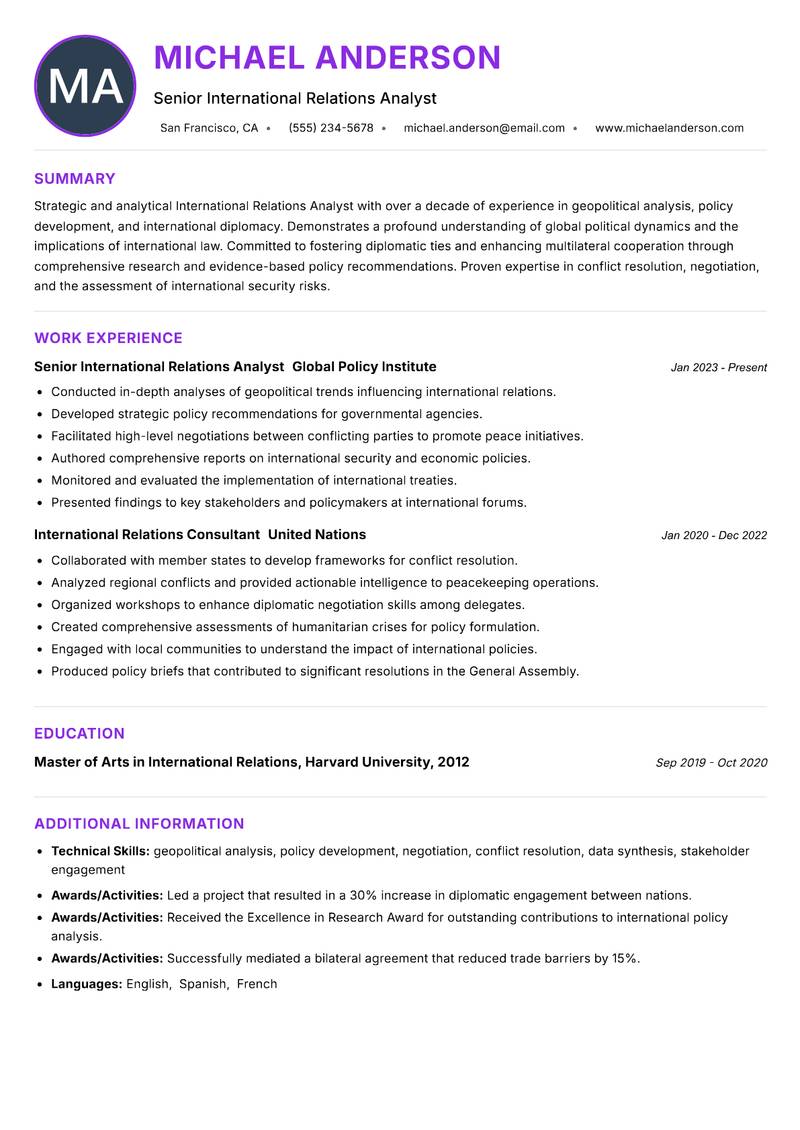 International Relations Analyst Resume Preview Example