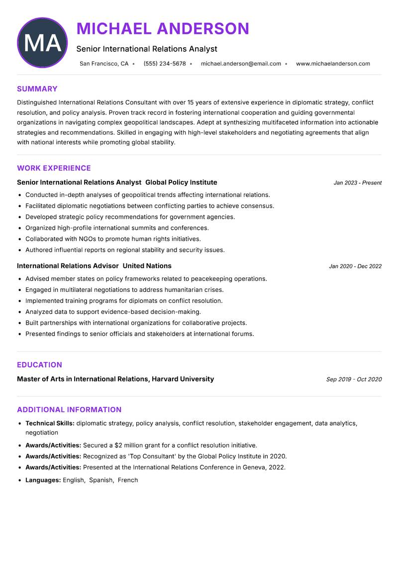 International Relations Consultant Resume Preview Example