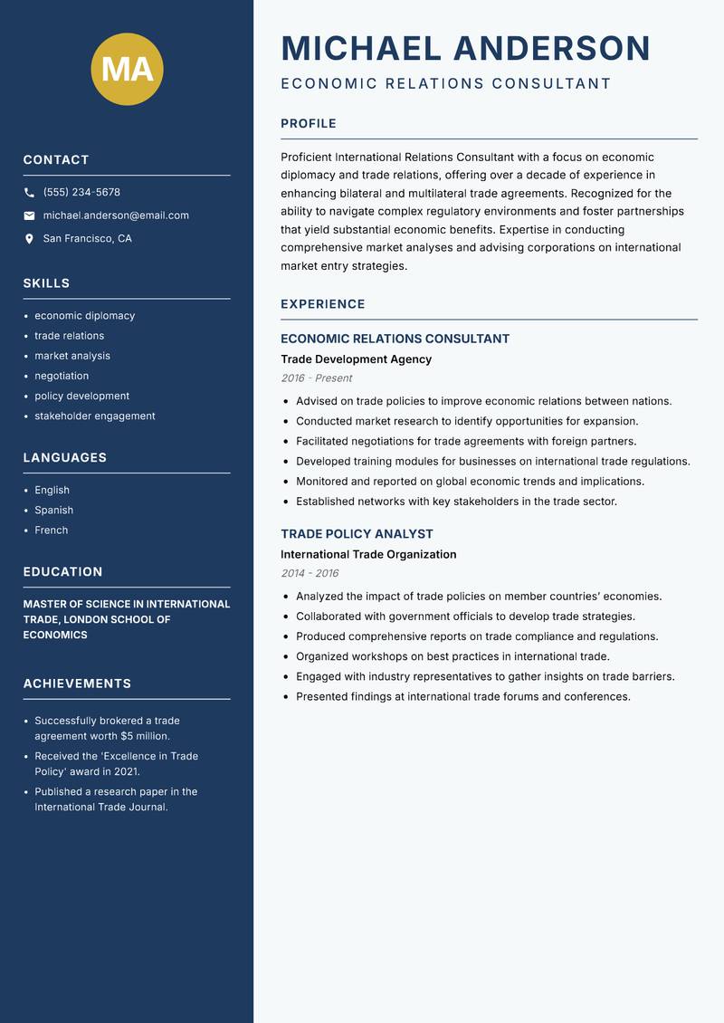 International Relations Consultant Resume Preview Example