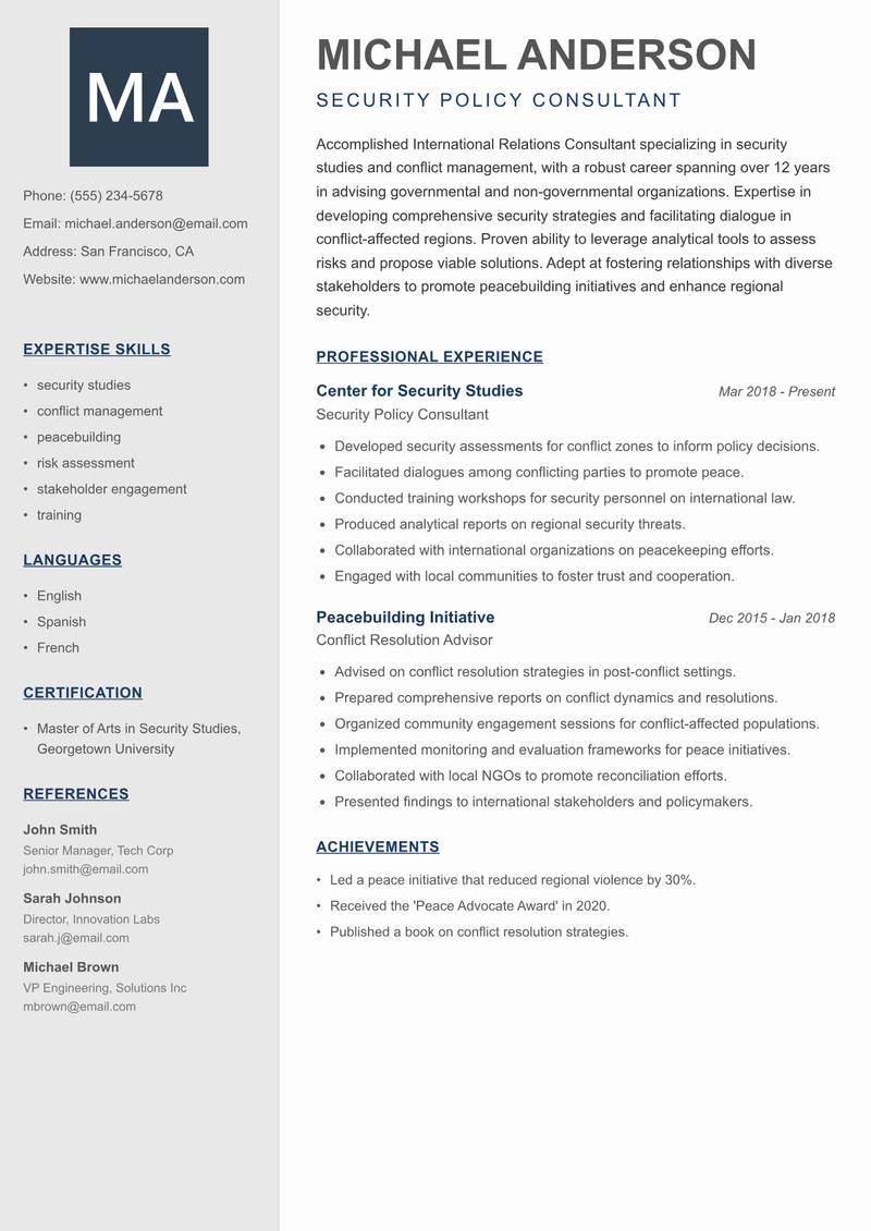 International Relations Consultant Resume Preview Example