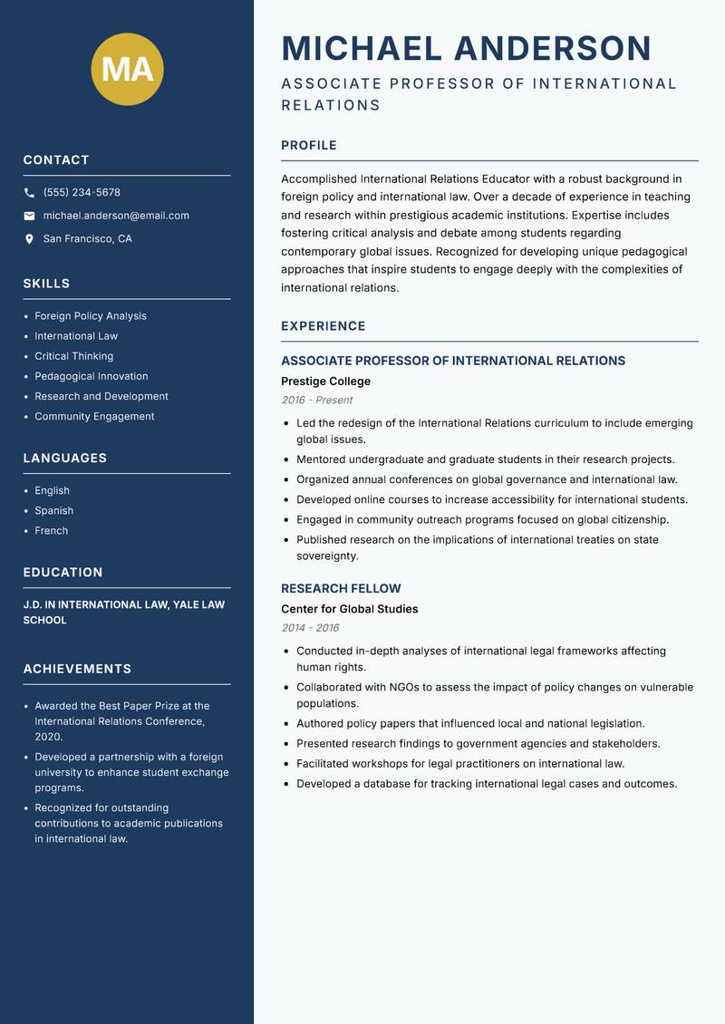 International Relations Educator Resume Preview Example