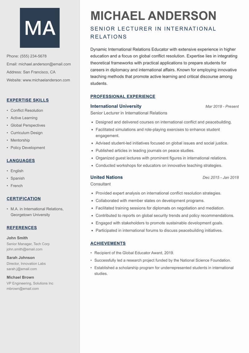 International Relations Educator Resume Preview Example