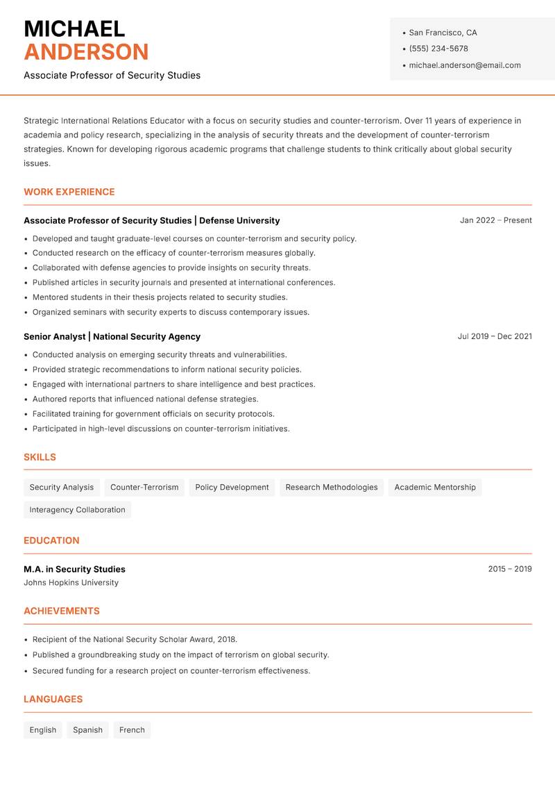 International Relations Educator Resume Template