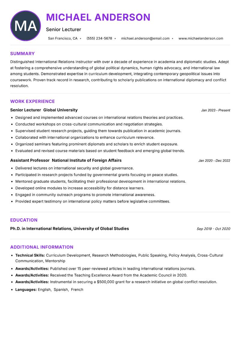 International Relations Instructor Resume Preview Example