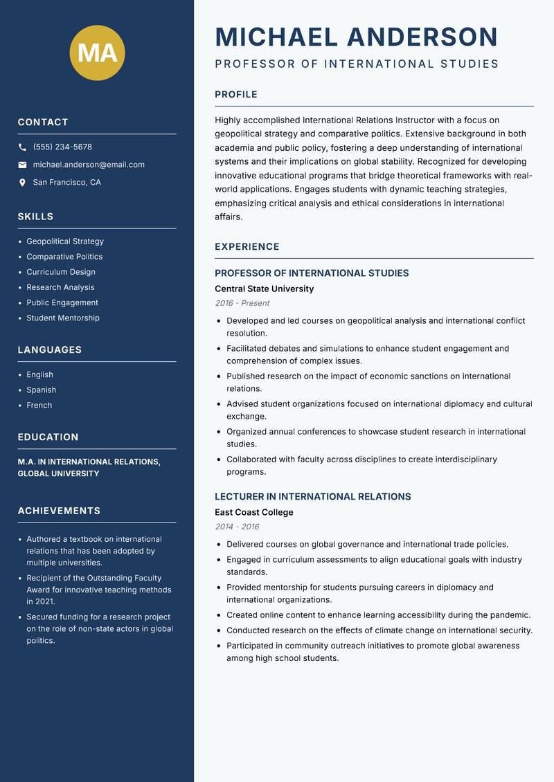International Relations Instructor Resume Preview Example