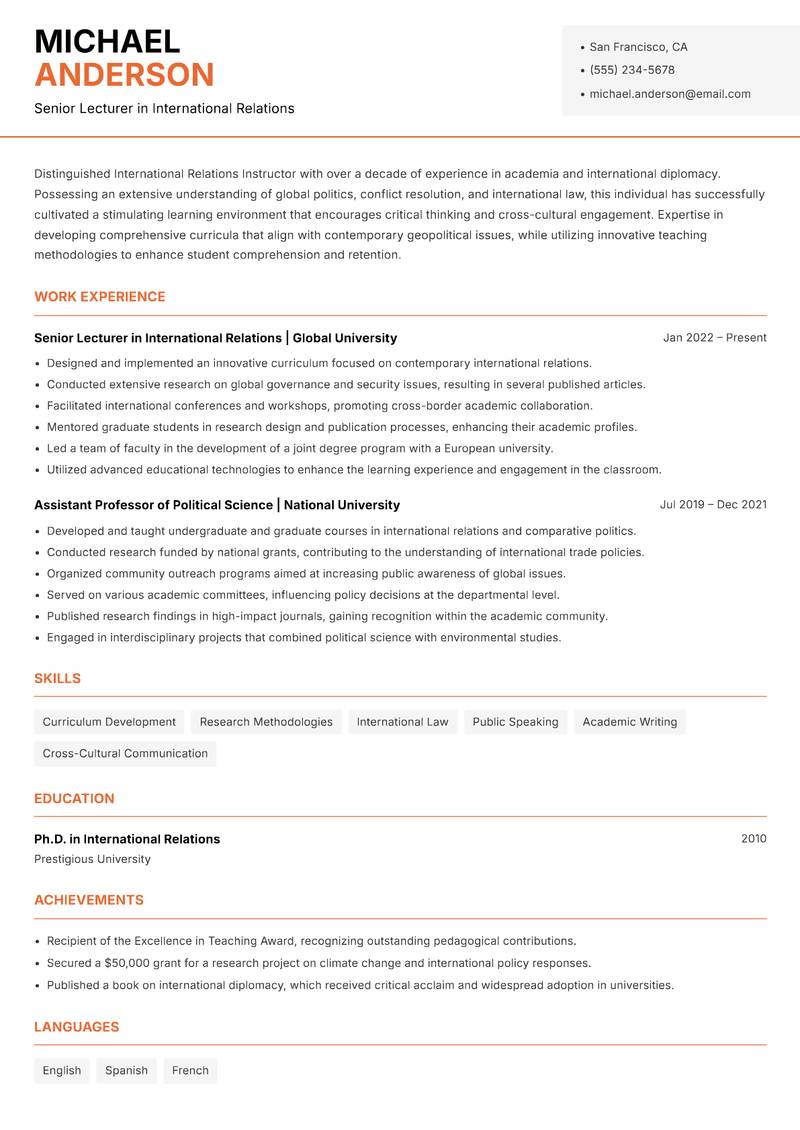 International Relations Instructor Resume Template