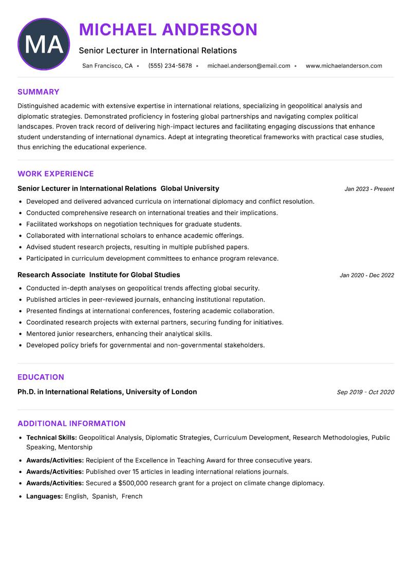 International Relations Lecturer Resume Preview Example