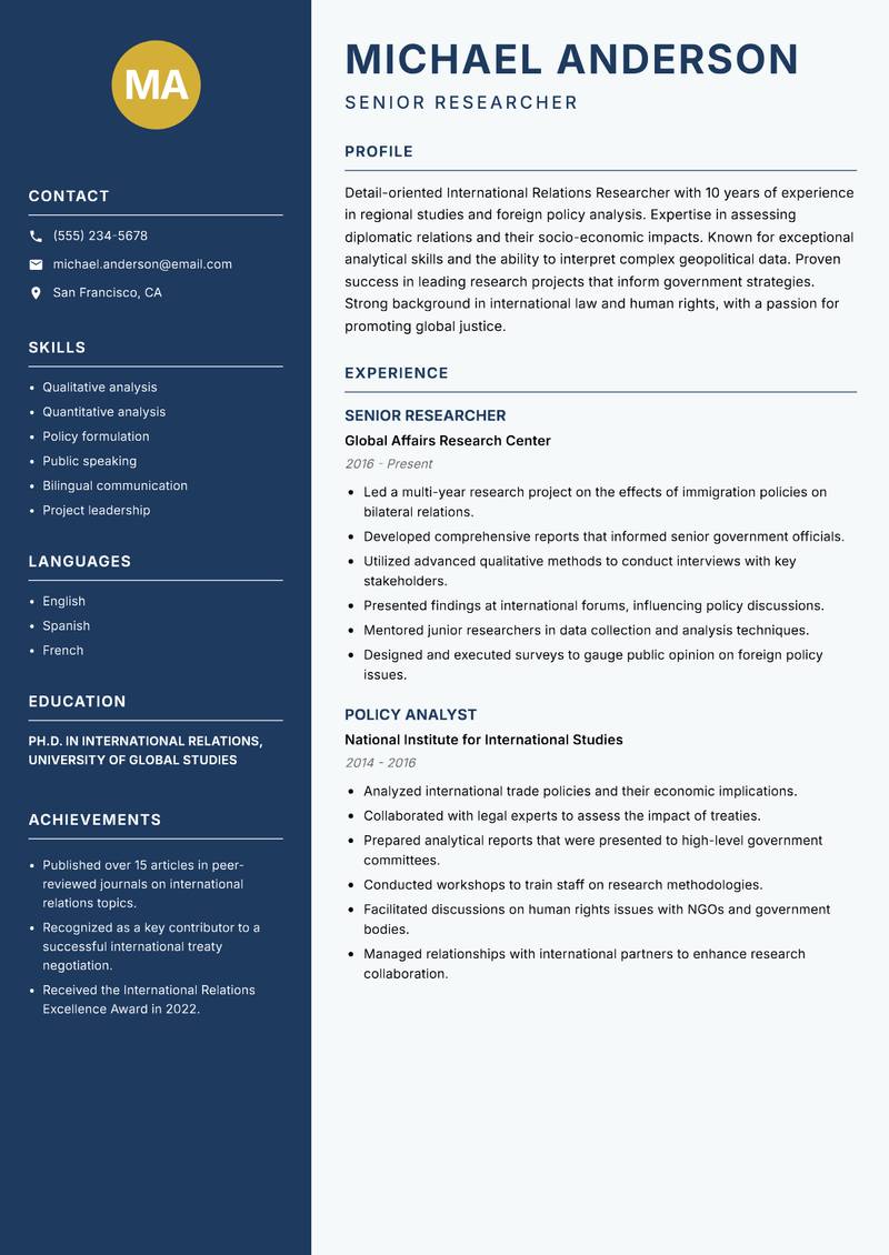 International Relations Researcher Resume Preview Example