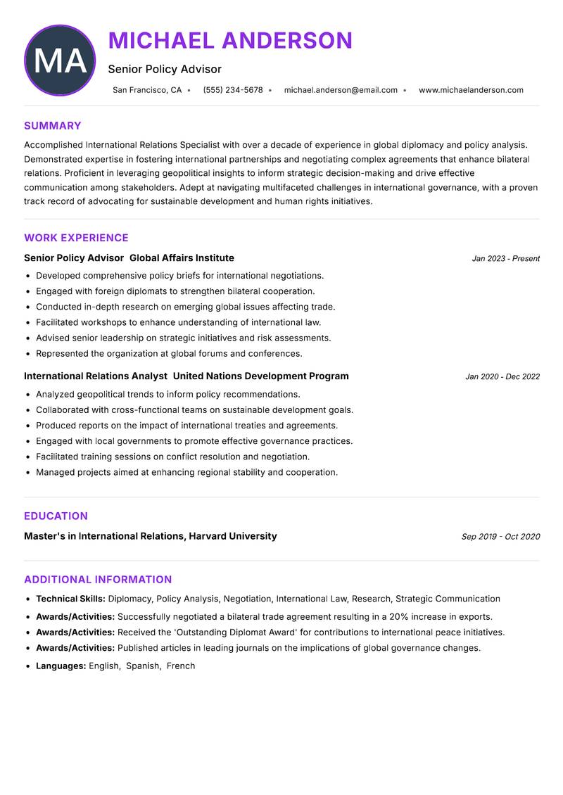 International Relations Specialist Resume Preview Example