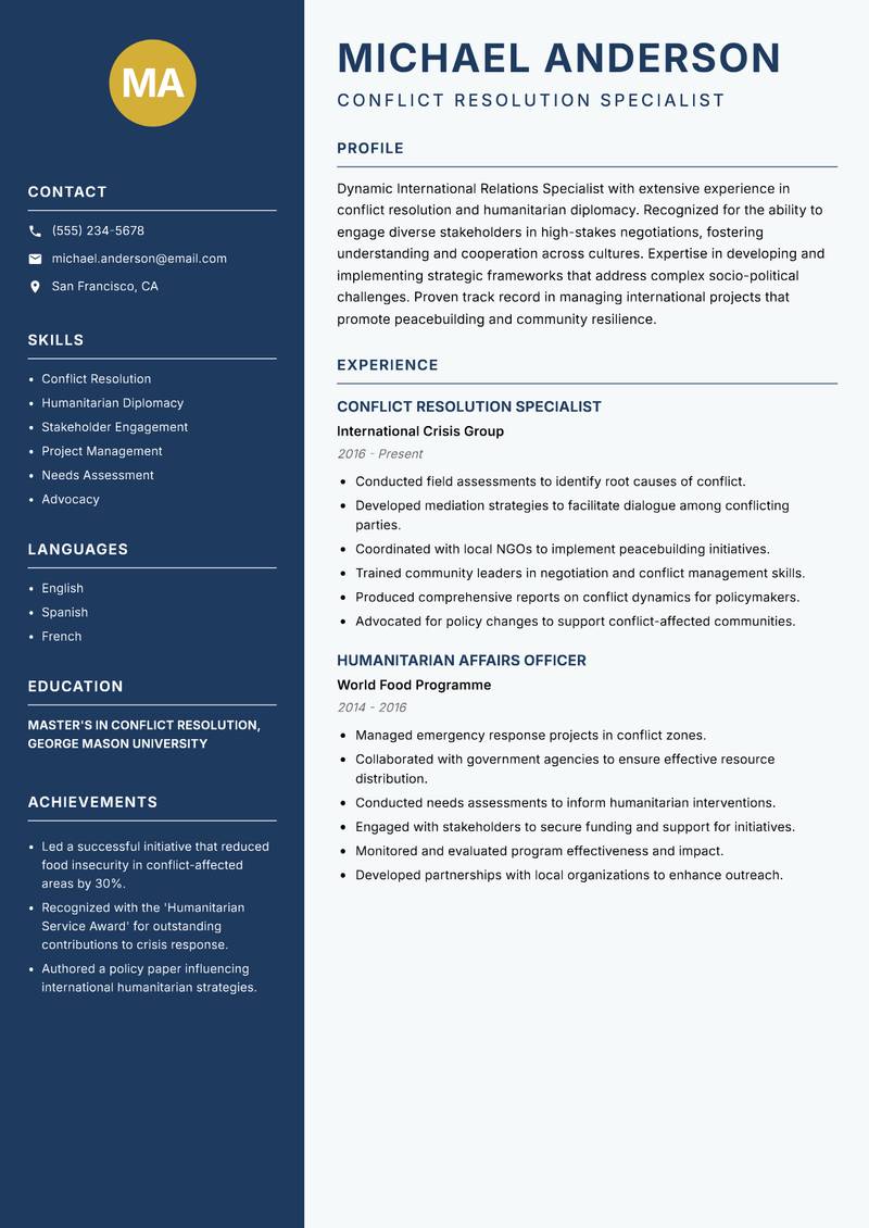 International Relations Specialist Resume Preview Example