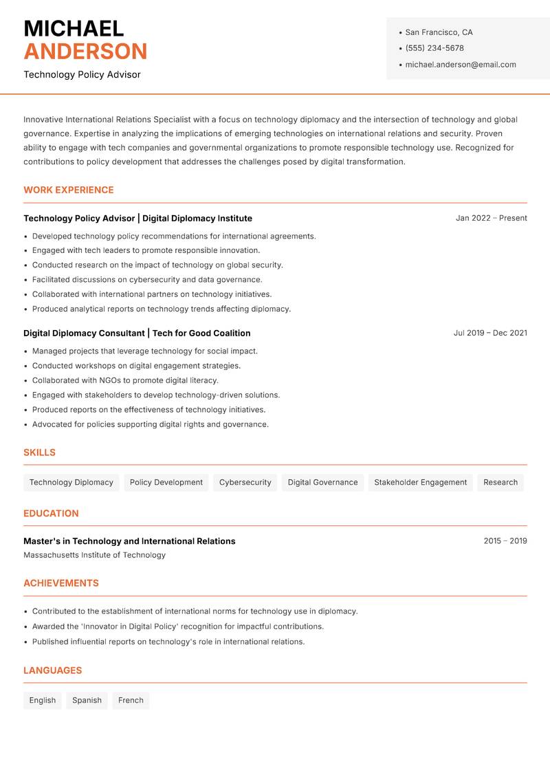International Relations Specialist Resume Template