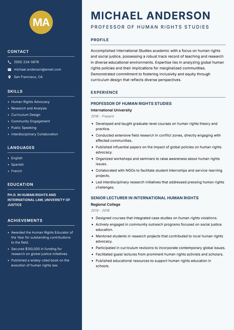 International Studies Professor Resume Preview Example