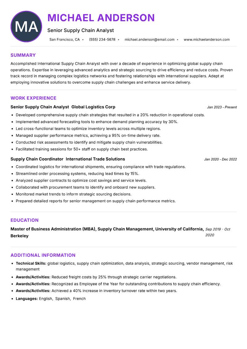 International Supply Chain Analyst Resume Preview Example