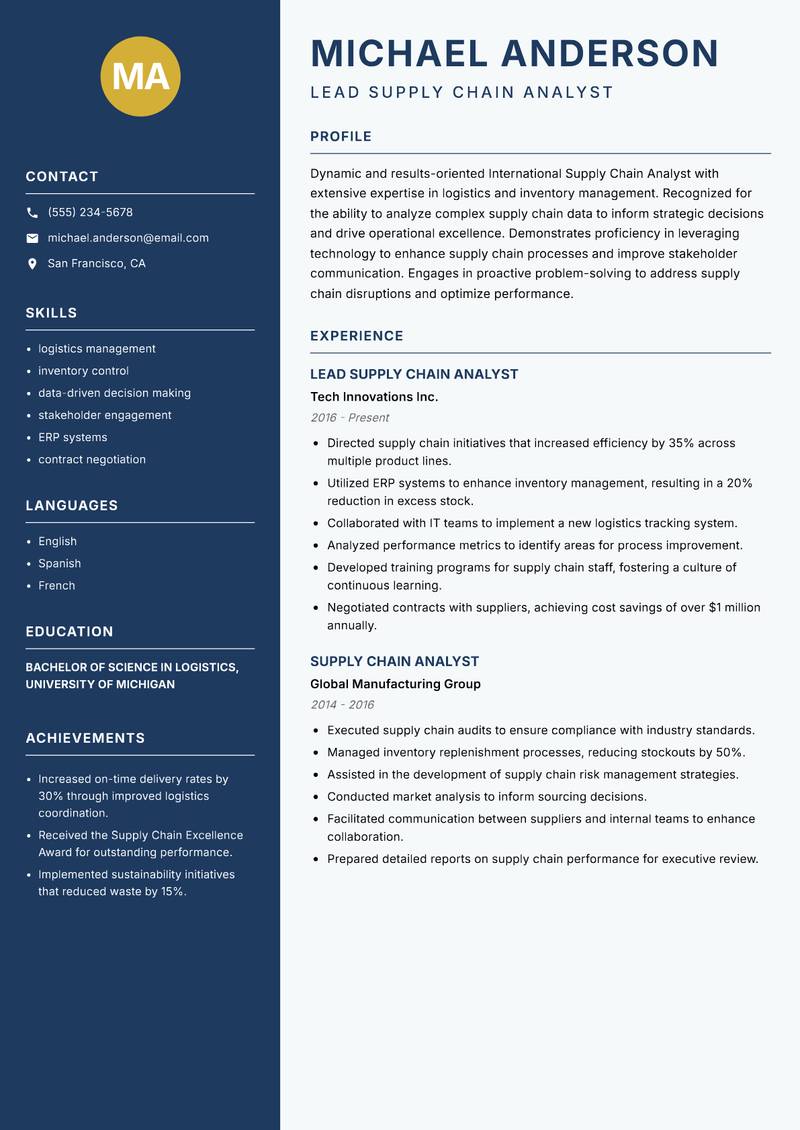 International Supply Chain Analyst Resume Preview Example