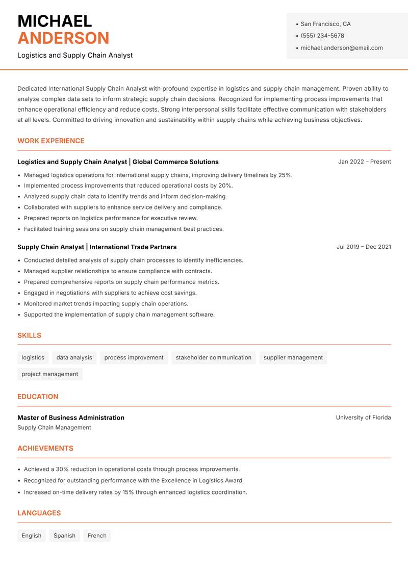 International Supply Chain Analyst Resume Template