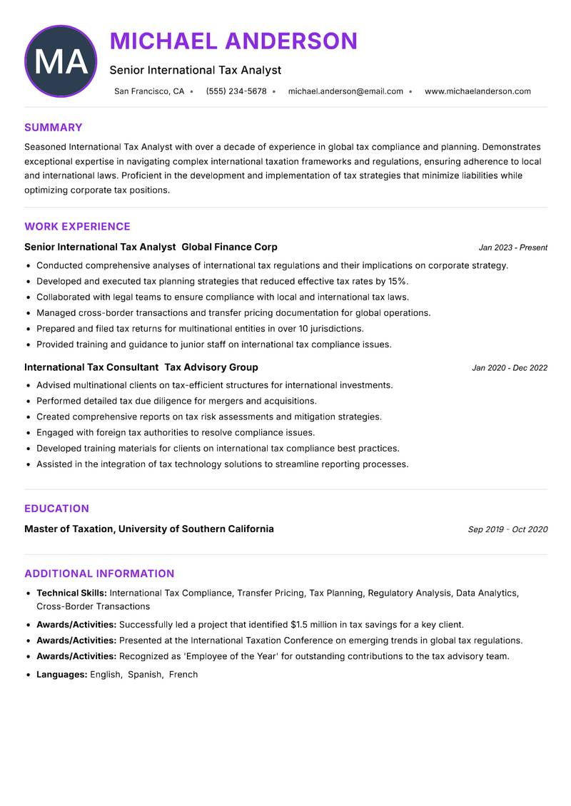 International Tax Analyst Resume Preview Example