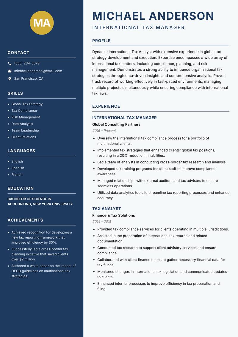 International Tax Analyst Resume Preview Example