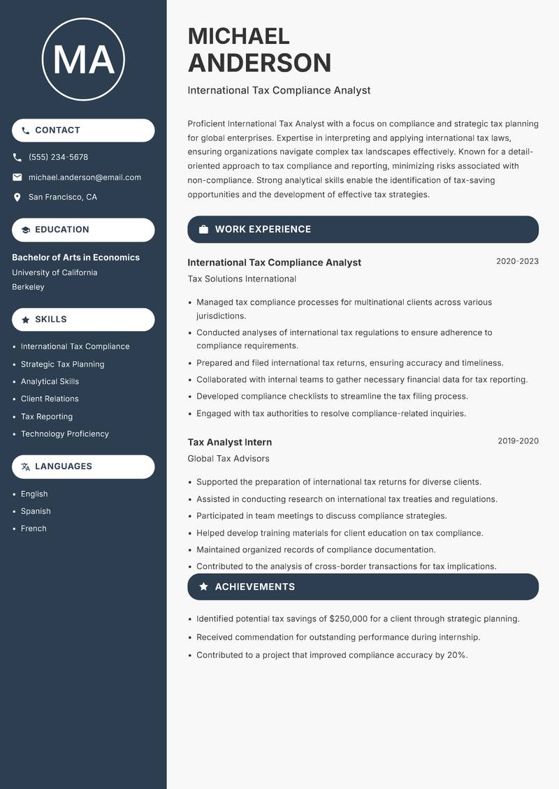 International Tax Analyst Resume Preview Example