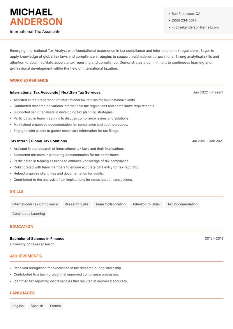 International Tax Analyst Resume Template