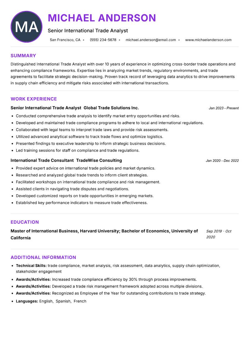 International Trade Analyst Resume Preview Example