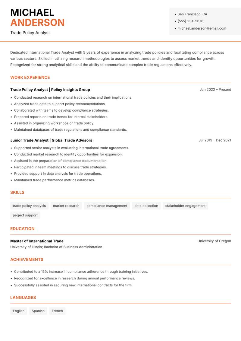International Trade Analyst Resume Template