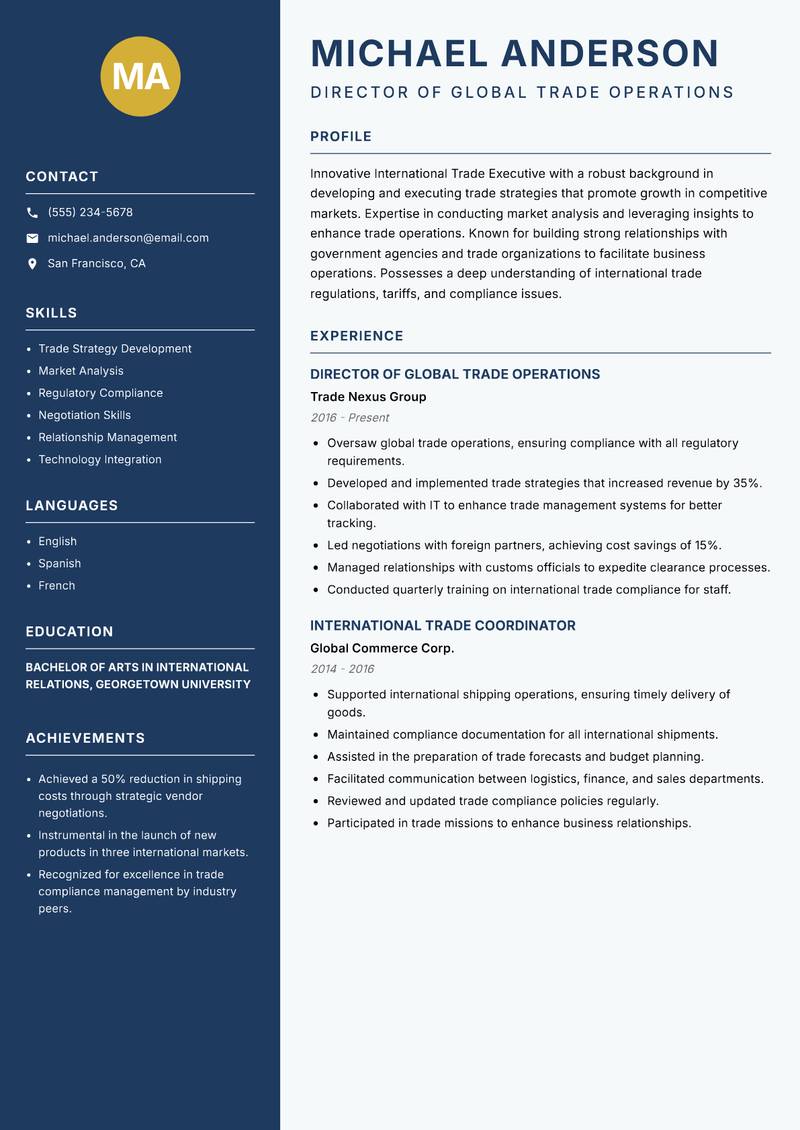 International Trade Executive Resume Preview Example