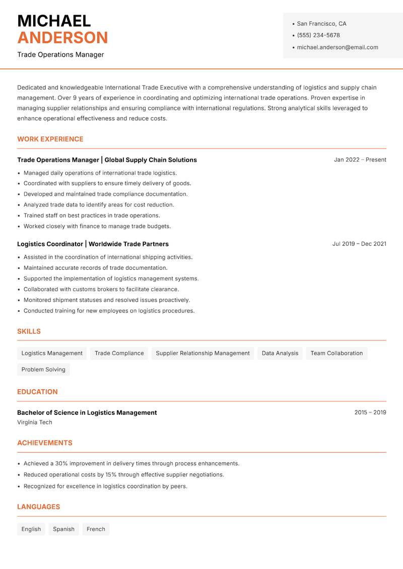 International Trade Executive Resume Template