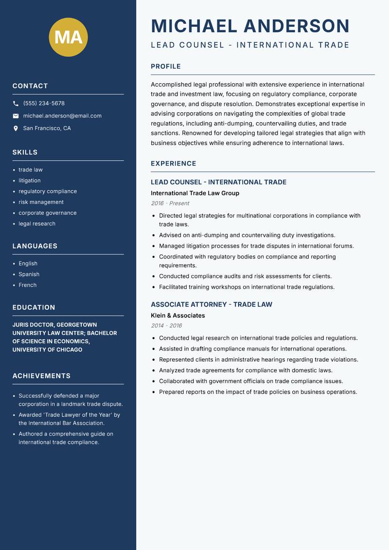 International Trade Lawyer Resume Preview Example