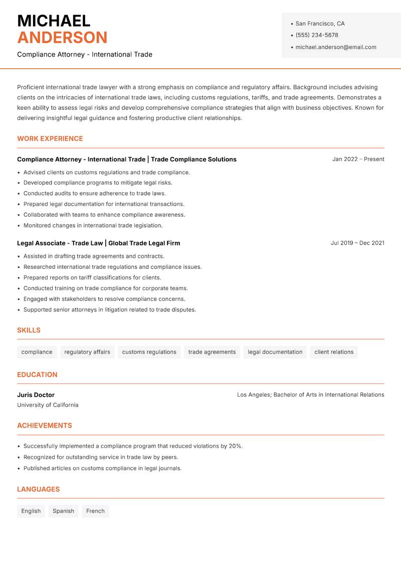 International Trade Lawyer Resume Template